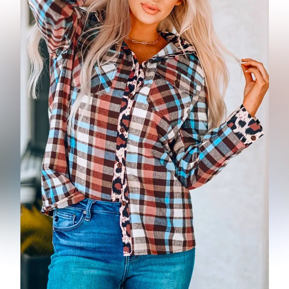New Plaid & Leopard Trim Top Button Up Women’s Small Western